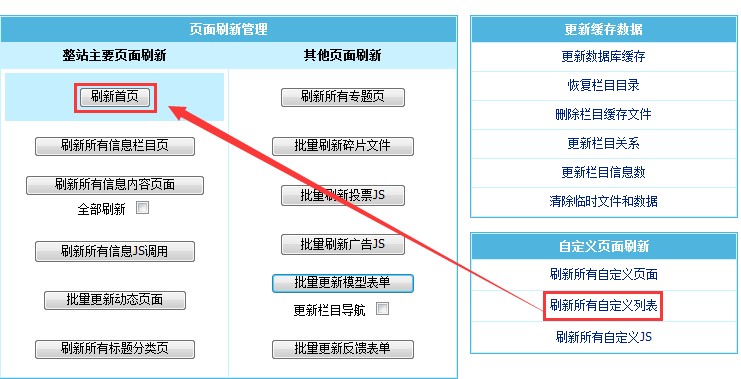更改帝国CMS"数据更新"中的"刷新首页"为"刷新所有自定义列表"的教程
